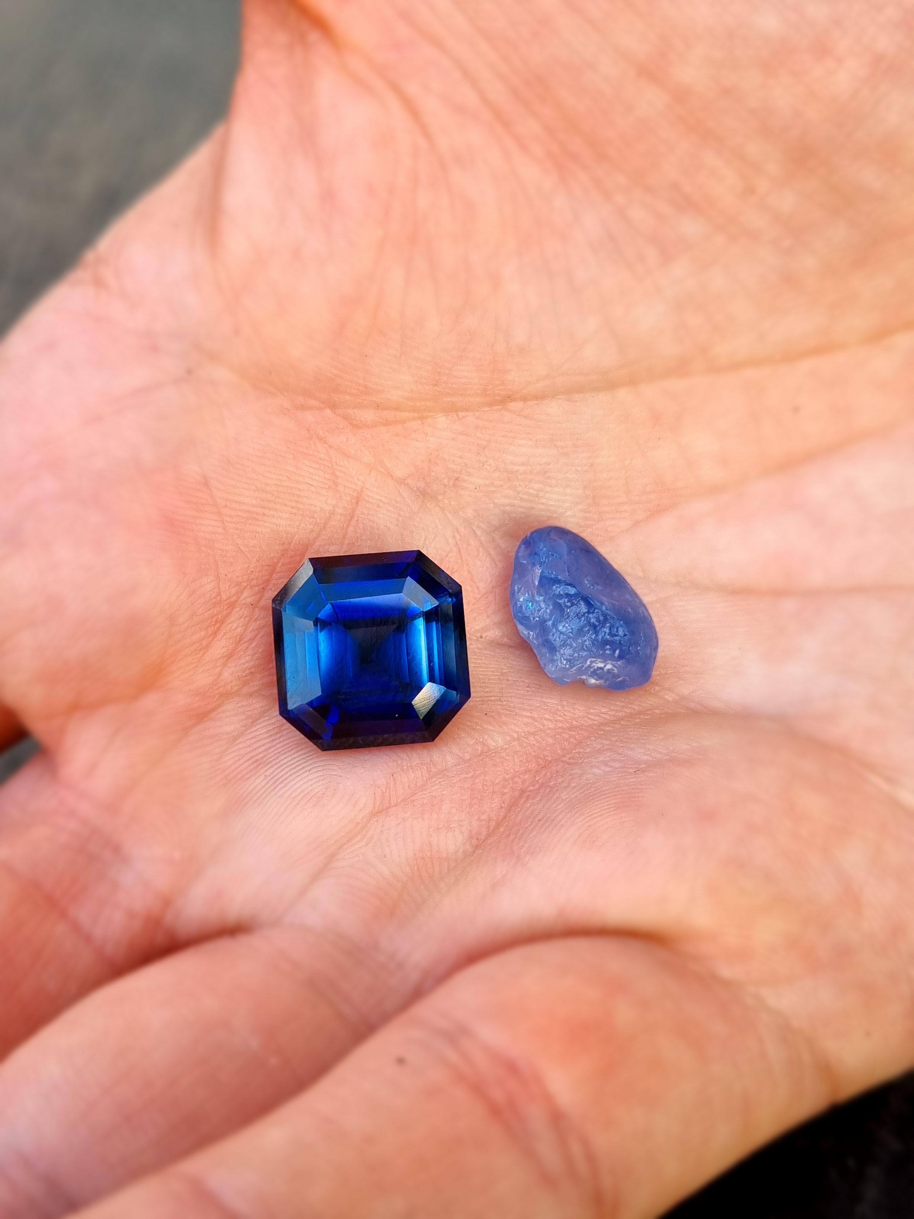 A rough sapphire with a faceted 5-carat stone