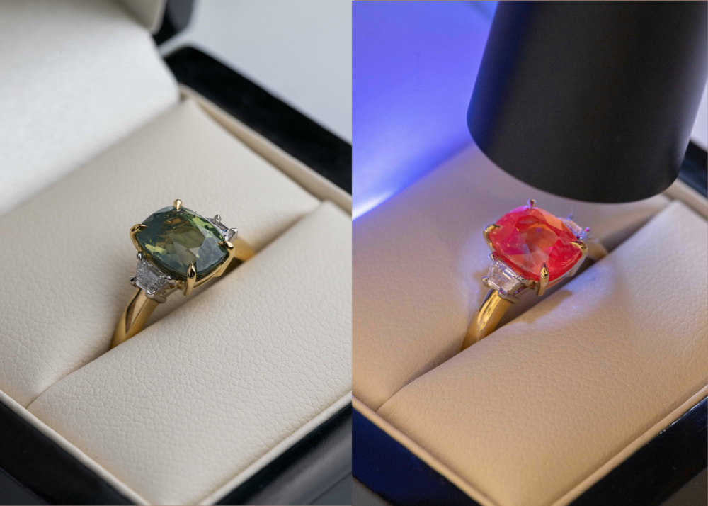 A comparison of fluorescence in a green sapphire that shows red fluorescence under ultraviolet (UV) light