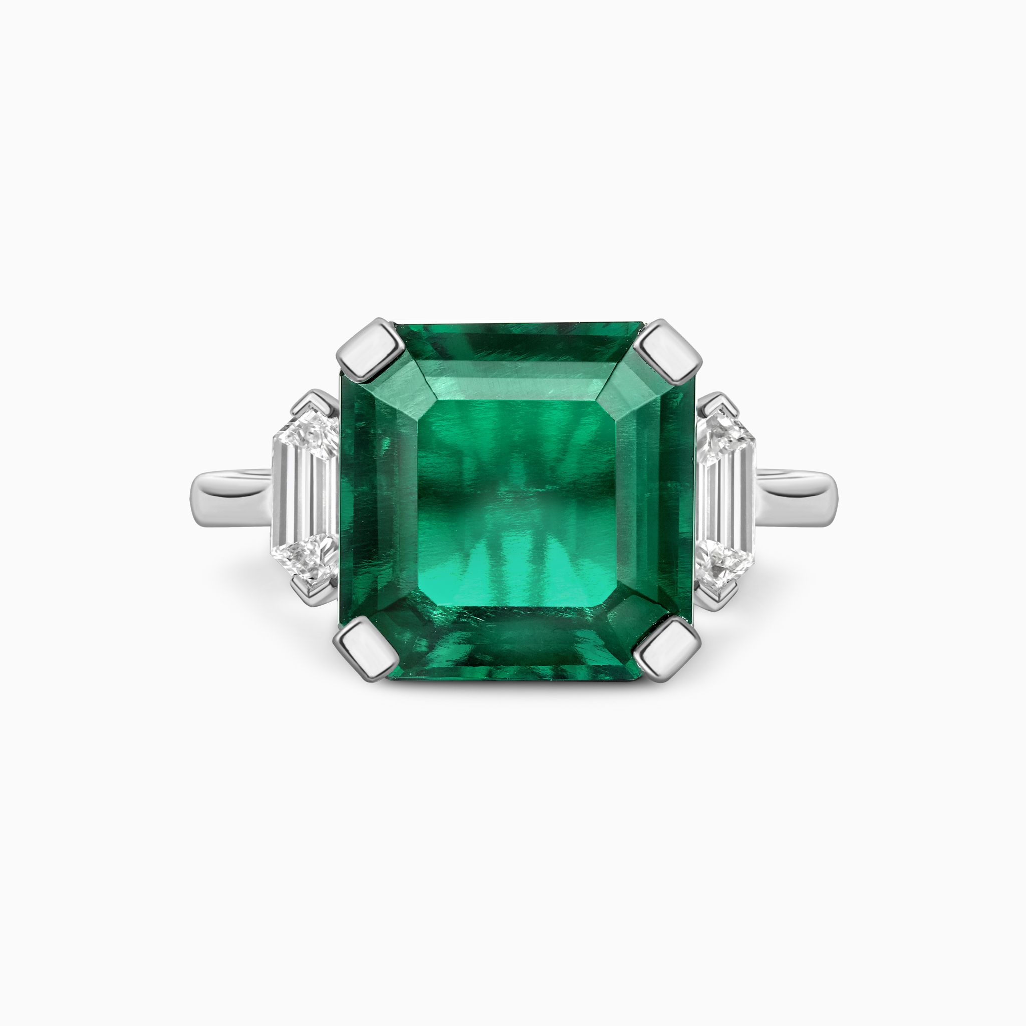 Emerald and bullet cut diamond art deco ring Front