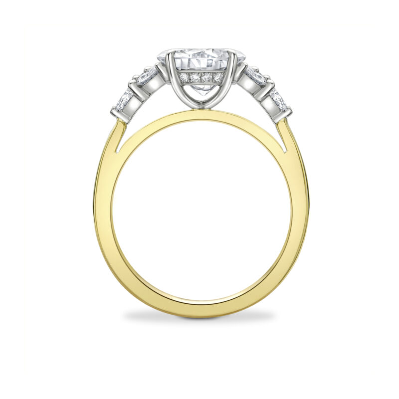 Unique 1 5ct round brilliant with pear shaped cluster side stone ring in yellow gold Through finger San Pedro