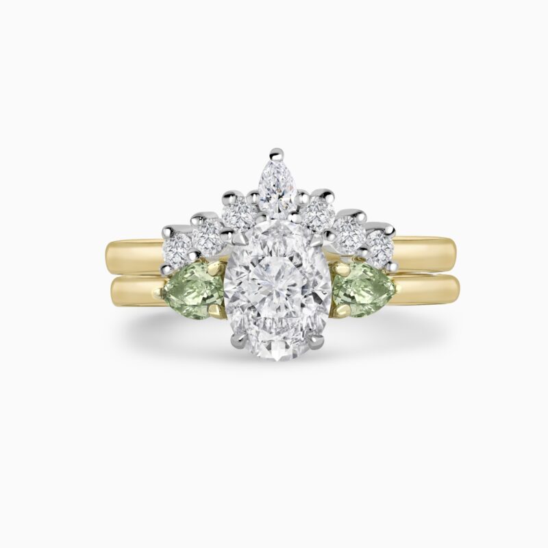 Curved diamond wedding ring with oval engagement ring - Front - Website