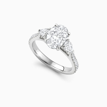 1 3ct oval cut diamond engagement ring with pear cut diamond side stones and diamond set band created in platinum Tofino Perspective