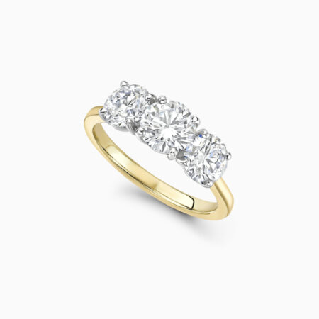 Classic three stone diamond trilogy ring with round brilliant cut diamonds created in yellow gold Kernow Perspective