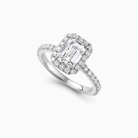 Emerald cut diamond halo engagement ring with a diamond set band created in platinum Senderwod Perspective
