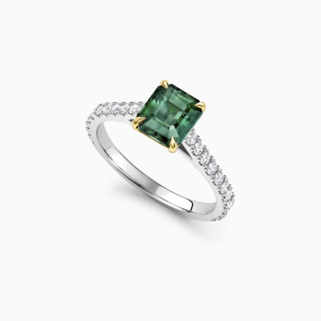 Teal sapphire emerald cut engagement ring with a diamond band and created in platinum Coutance Perspective