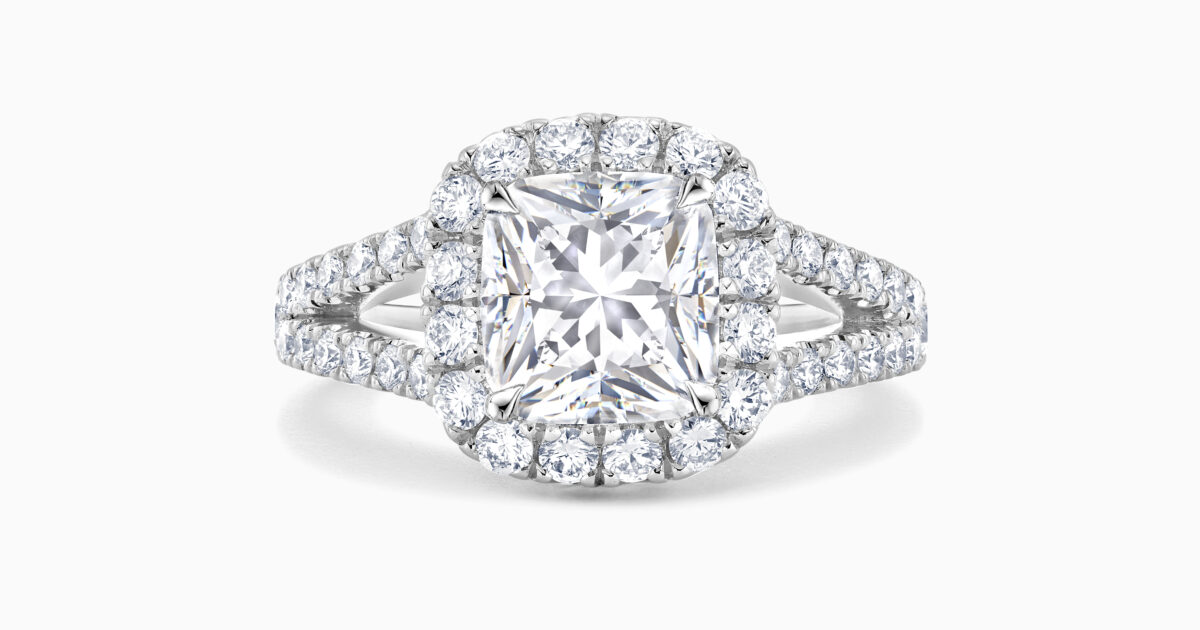 Skyline Split shank cushion cut halo ring diamond band platinum